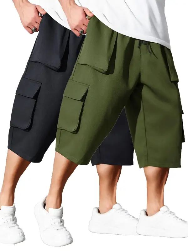 【Plus Size】 Men's Solid Flap Pocket Drawstring Waist Capri Cargo Pants, Street Fashion Regular Fit Capri Pants for Daily ...