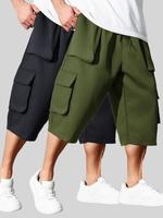 【 Plus Size】 Men's Solid Flap Pocket Capri Cargo Pants, Casual Sporty Comfy Athleisure Street Regular Fit Capri Mens Shor...