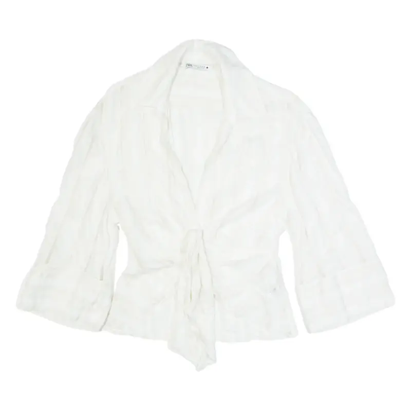 ZARA Womens Printed Shirt White Collared 3/4 Sleeve Striped XS