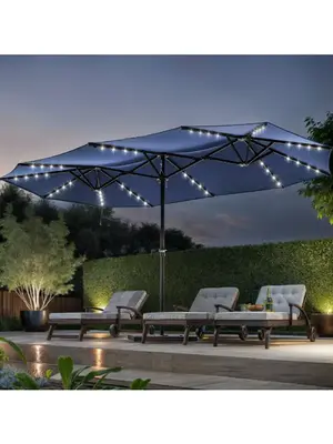 DWVO 15ft Double-Sided Patio Umbrella ,Base not included, w/ 48 Solar-Powered LED Lights, UV Resistant & Waterproof Navy Blue...