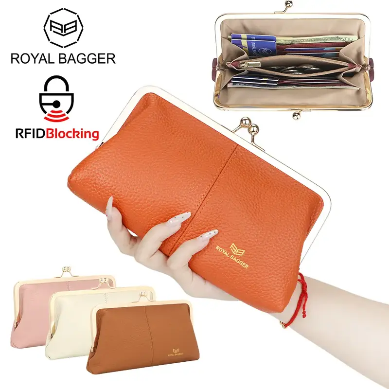 Royal Bagger RFID Kiss Lock Wallet, Solid Color Multi-card Slots Card Holder, Genuine Leather Clutch Purses for Women 1468