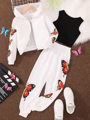 Girl's Butterfly Print Zip Up Hoodie & Crop Tank Top & Pants Three-piece Set, Casual Long Sleeve Hooded Sweatshirt & Top & Tr...