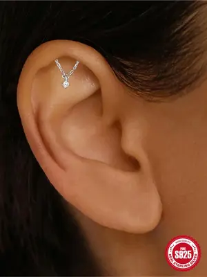 925 Sterling Silver Rhinestone Decorated Chain Earring, Fashionable Zircon Inlaid Ear Jewelry for Women & Girls, Trendy All-m...