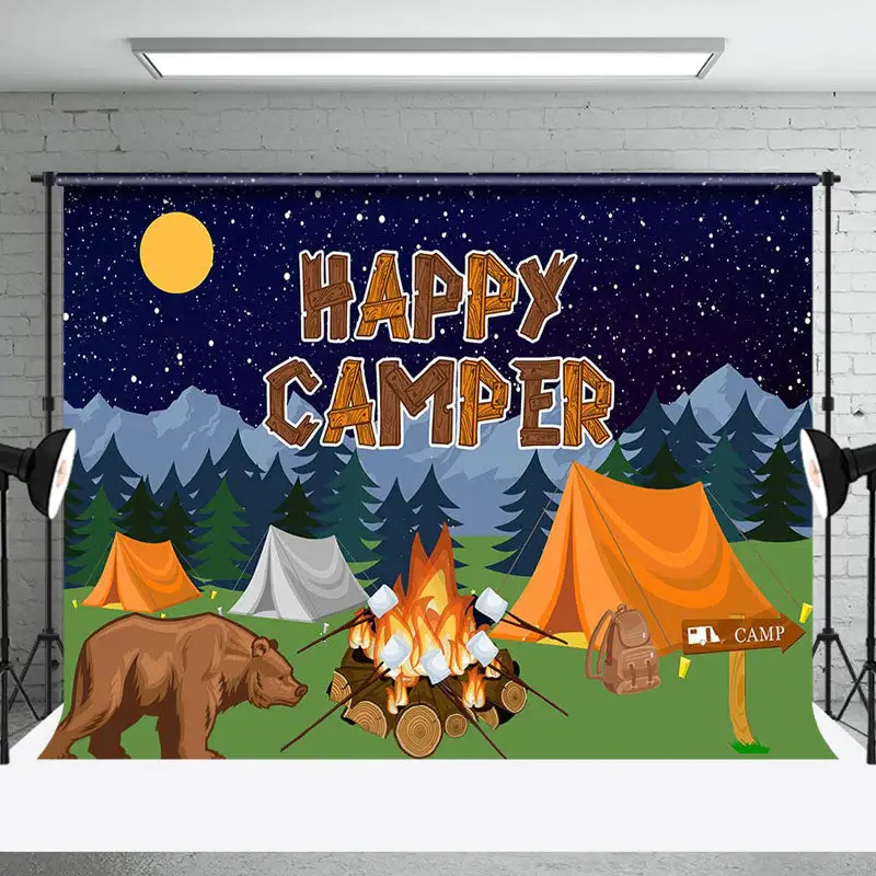 Wild Forest Bear Night Happy Camper Party Backdrop - Aperturee