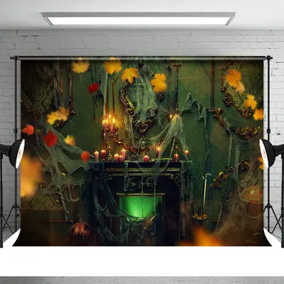 Falling Maple Leaf Spider Web Scary Halloween Backdrop - Aperturee