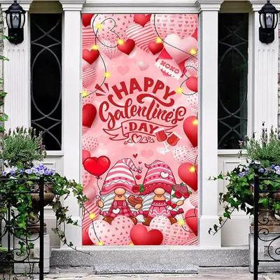 Pink Heart Balloons Gnome Galentines Day Door Cover - Aperturee