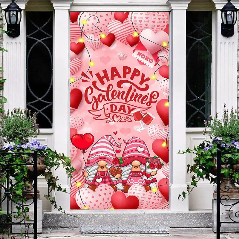 Pink Heart Balloons Gnome Galentines Day Door Cover - Aperturee