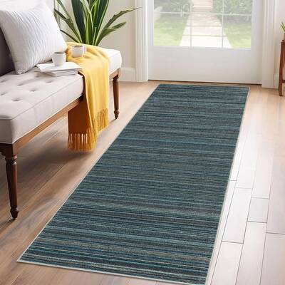 Garvee Entryway Rug 2x6 Washable Non-Slip Soft Polyester Distressed Striped Design Blue Modern Farmhouse Hallway Kitchen Bedr...