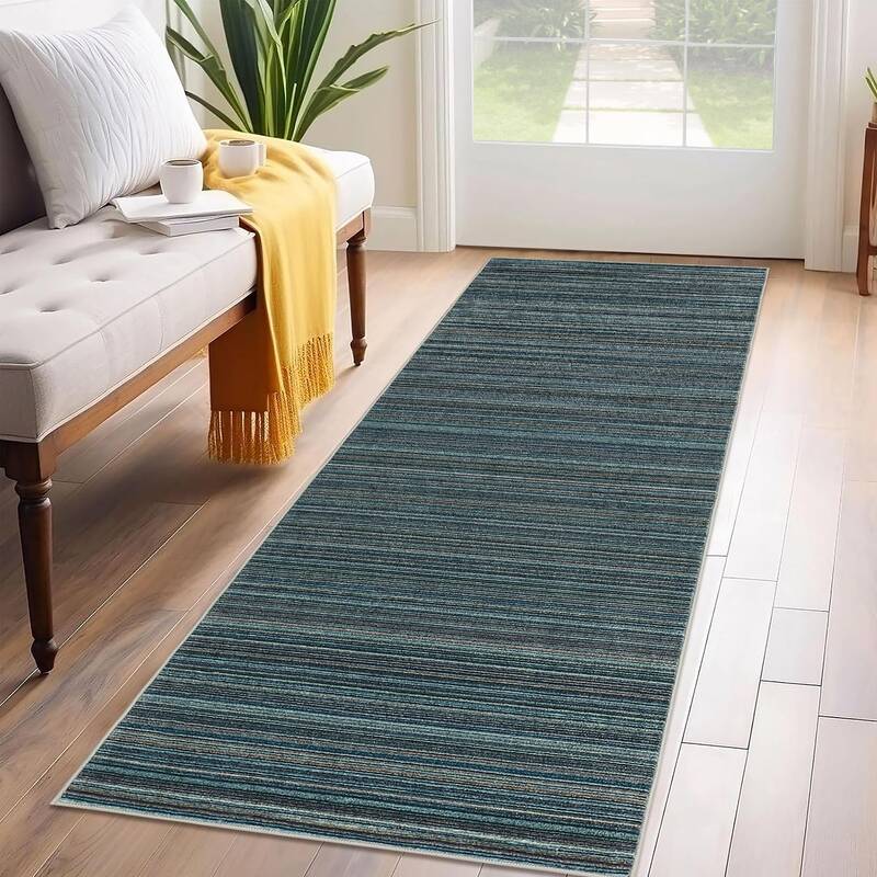 Garvee Entryway Rug 2x6 Washable Non-Slip Soft Polyester Distressed Striped Design Blue Modern Farmhouse Hallway Kitchen Bedr...