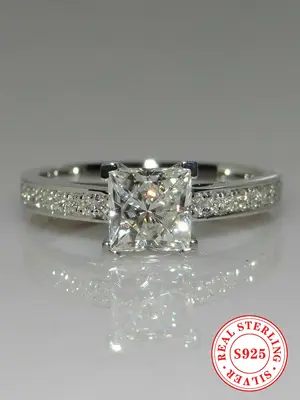 925 Sterling Silver Square Shaped Rhinestone Decorated Silver Ring, Fashion Engagement Ring for Party, Daily Clothing Decor, ...