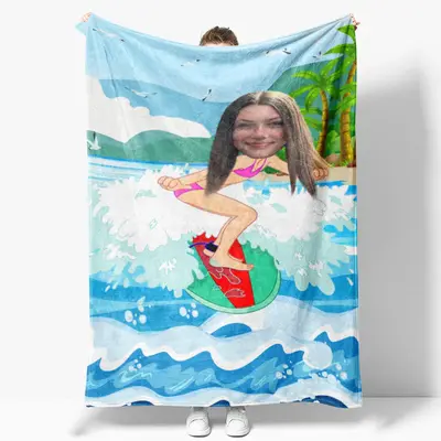 Customized Surfing Girl Coastal Beach Palm Blanket - Lofaris