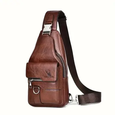 Maxoner 1pc Retro Brown Men's Chest Bag, Waterproof Daily Commute Bag, Solid Color Fashionable Slant Shoulder Bag Fathersdayg...