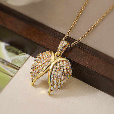 Brass Micro Pave Clear Cubic Zirconia Angel Wings Pendant Necklaces