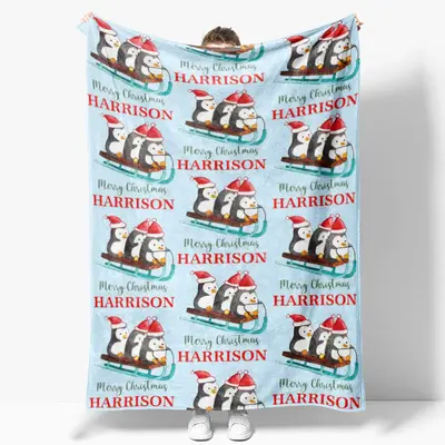 Custom Name Penguin Sleigh Repeat Christmas Blanket - Aperturee