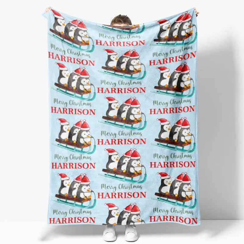 Custom Name Penguin Sleigh Repeat Christmas Blanket - Aperturee
