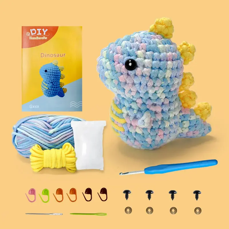 Dinosaur Design Crochet Kit for Beginners, 1 Set DIY Cute Cartoon Handmade Knitting Set with Step-by-step English Video Tutor...