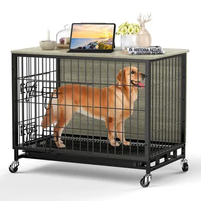 Garvee Dog Crate Furniture, Deluxe Wooden Dog Kennel with Removable Tray and Wheels, Heavy-Duty Double-Doors 38.6 Dog Cage E...