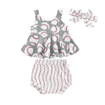 Toddler Baby Girls Baseball Outfit Ball Game Print Ruffle Tank Top and Bummie Shorts with Headband 3pcs Set