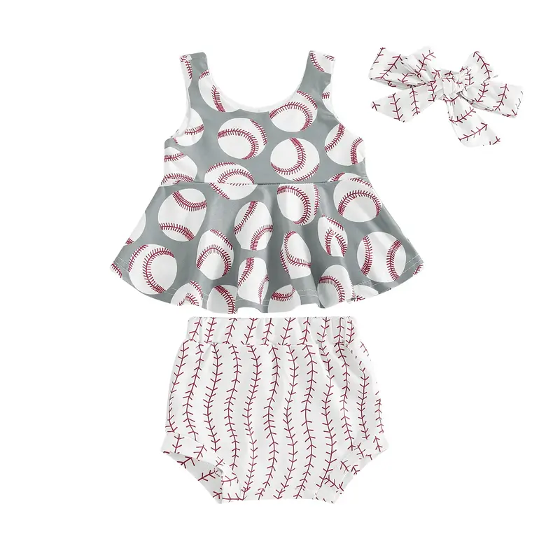 Toddler Baby Girls Baseball Outfit Ball Game Print Ruffle Tank Top and Bummie Shorts with Headband 3pcs Set