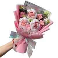 Crochet Rose Flowers Bouquet Gift | Free Gift Bag & Light | pink | Decor Decorative Plants Room