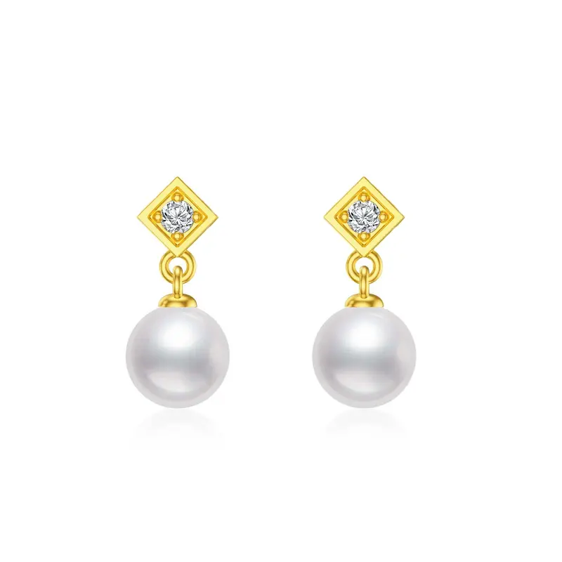 14K Gold Round Cubic Zirconia & Pearl Drop Earrings