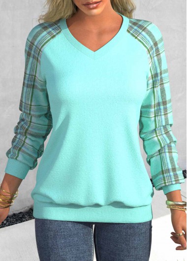Modlily Cyan Patchwork Plaid Long Sleeve V Neck Sweatshirt - XXL