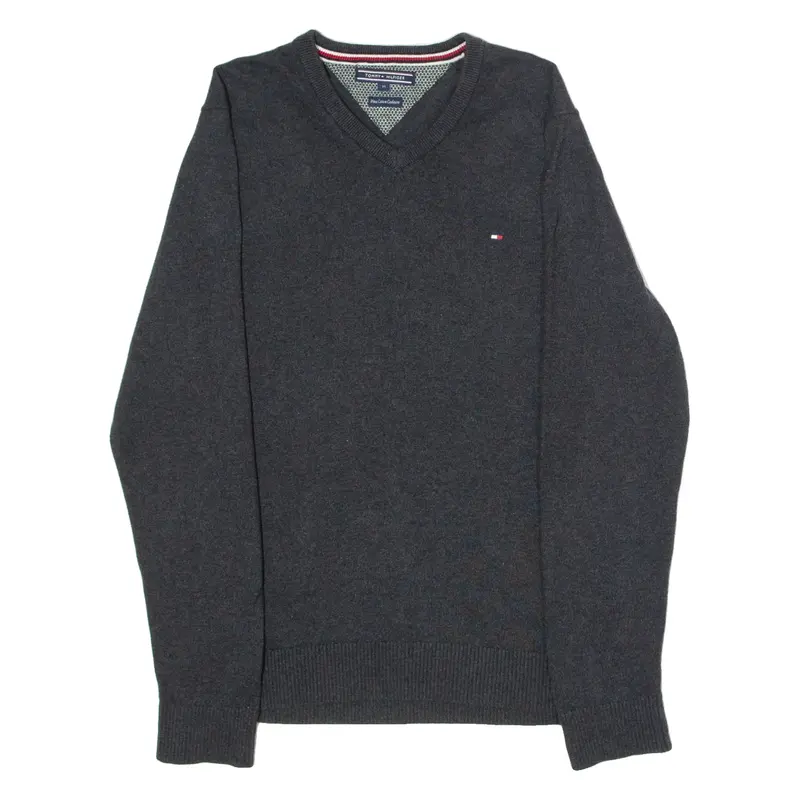 TOMMY HILFIGER Mens Jumper Grey V-Neck Tight Knit Cashmere M