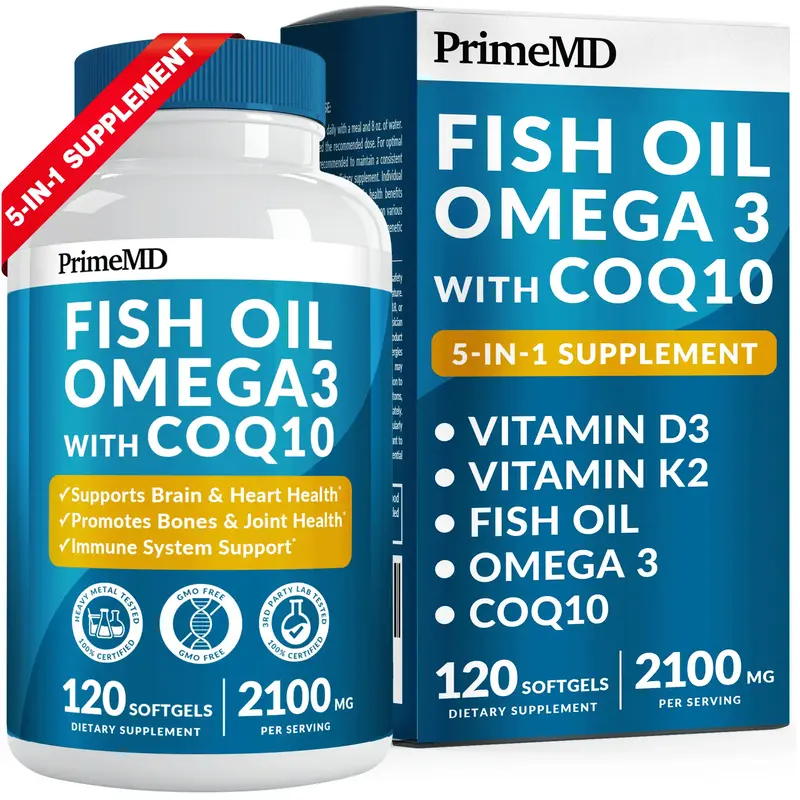 5-in-1 Fish Oil Omega 3 Supplement with CoQ10, Vitamins D3 & K2, 120 ct Burpless Supplements - Omega 3 Fish Oil EPA DHA, Lemo...