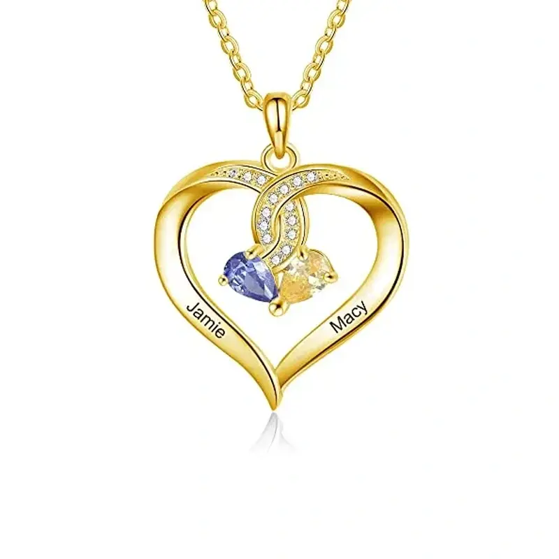 14K Yellow Gold Personalized Birthstone & Engraving Heart Pendant Necklace For Women Best Friends