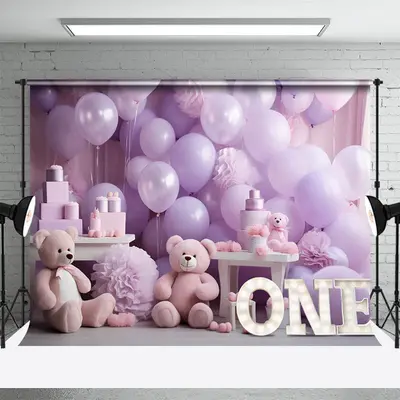 Purple Balloon Bear 1St Birthday Cake Smash Backdrop - Aperturee