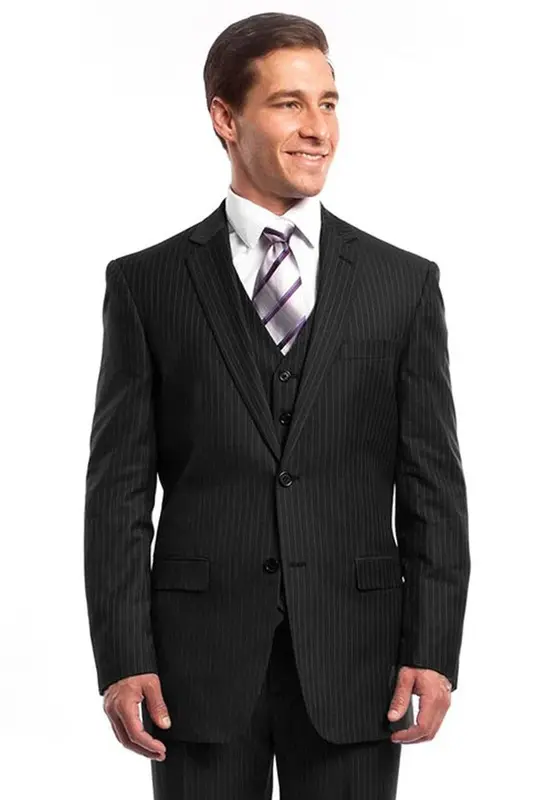 Black Pinstripe Men's Business Suit - Two Button Vested Style