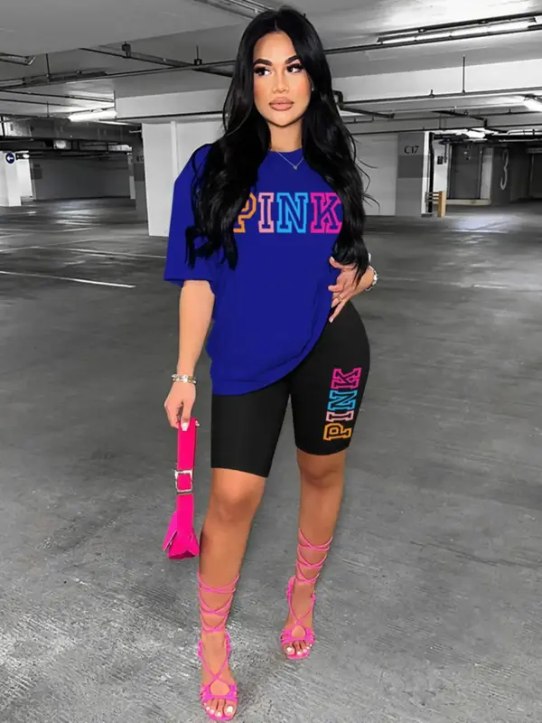 Women's Letter Print Drop Shoulder Tee & Skinny Shorts Set, Summer Clothes Women, Round Neck Short Sleeve T-shirt & Track Sho...