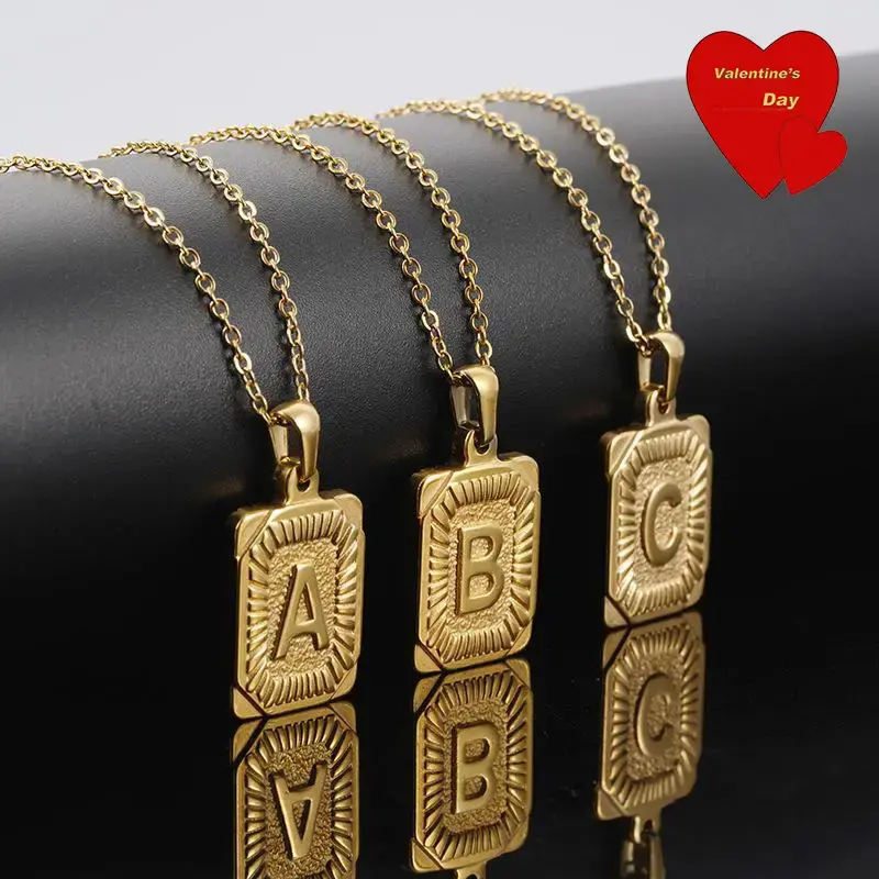 1 Piece A-Z Letter Square Pendant Necklace, Statement Trend Geometric Stainless Steel Chain, Boho Mother's Day Gifts, Unisex ...