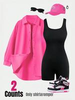 Two-piece Set Women's Solid Color Shirt & Bodycon Romper, Casual Fashion Cozy Breathable Clothing Set for Daily Outdoor Wear,...
