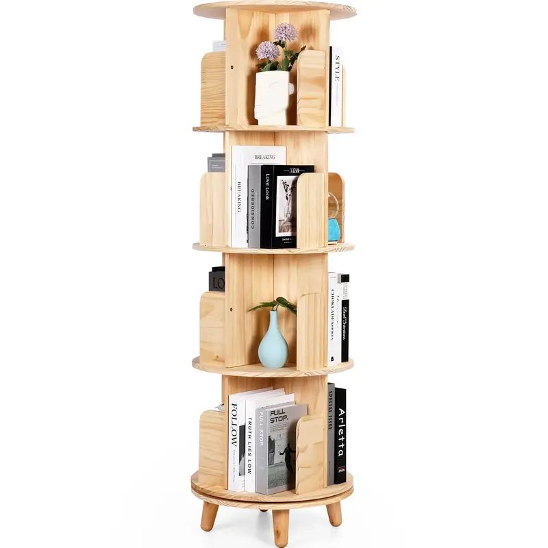 4-Tier 360° Rotating Wooden Bookshelf, Modern Open Cylinder Design