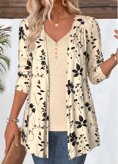 Modlily Beige Leaf Print 3/4 Sleeve Light Cardigan - XL
