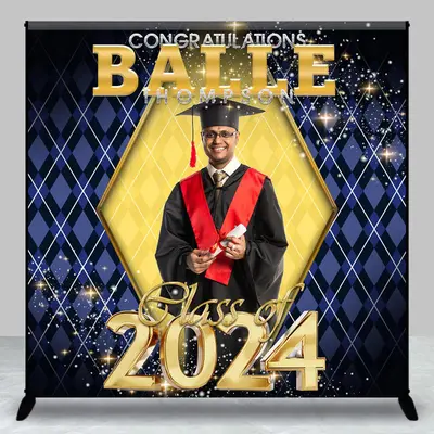 Glitter Gold Royal Blue Custom Photo Graduation Backdrop - Aperturee