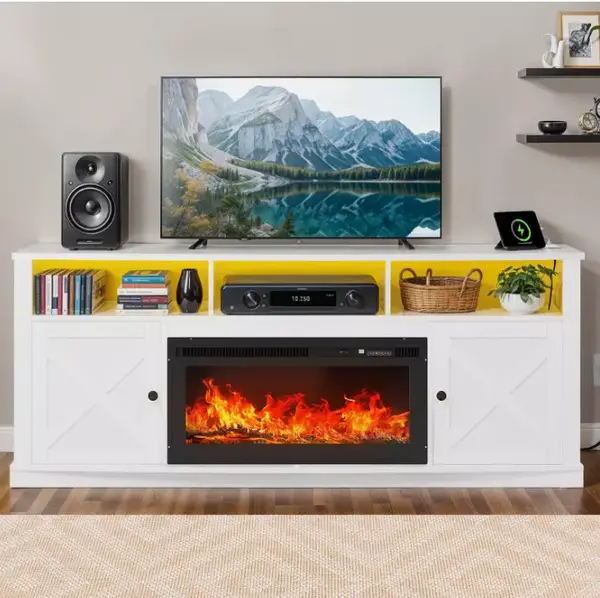 Yitahome Farmhouse TV Stand with Fireplace for 75 Inch TVs, Entertainment Center for Living Room, 36” Electric Fireplace & ...
