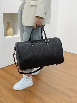 Fashion Checkerboard Pattern PU Leather Zipper Travel Bag, Durable Large Capacity Luggage for Women & Men, Casual Sports Fitn...
