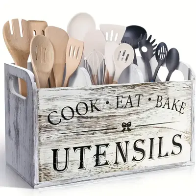 Farmhouse Style Wooden Kitchen Utensil Organizer 3-Tier Wall Mounted & Countertop Storage for Cooking Tools Spatulas Baking S...