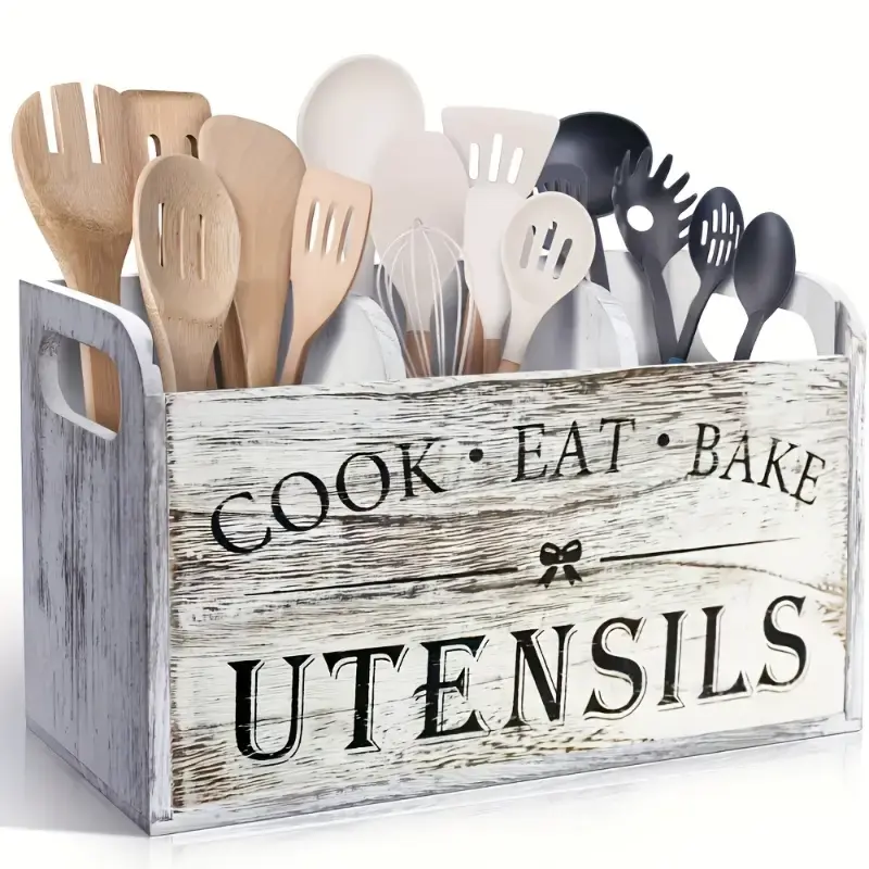 Farmhouse Style Wooden Kitchen Utensil Organizer 3-Tier Wall Mounted & Countertop Storage for Cooking Tools Spatulas Baking S...