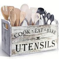 Farmhouse Style Wooden Kitchen Utensil Organizer - 3-Tier Wall Mounted & Countertop Storage for Cooking Tools, Spatulas, Baki...