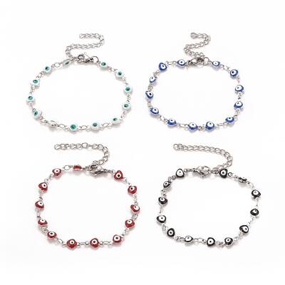 Enamel Heart with Evil Eye Link Chains Bracelet