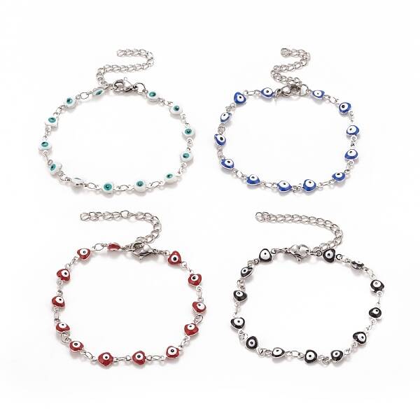 Enamel Heart with Evil Eye Link Chains Bracelet