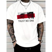 Customizable Men's Cotton T-Shirt - TRUST NO ONE Pattern Design, Black Casual Short Sleeve T-Shirt with Red Stripes and Eye I...
