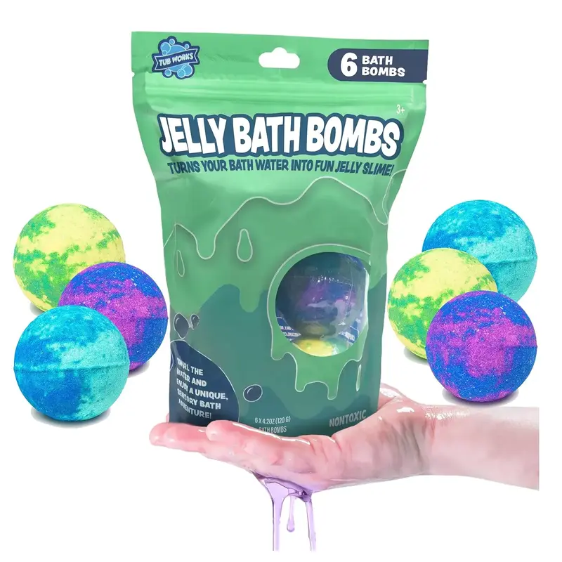 Tub Works Jelly Bath Slime Bombs 6-Pack Non Toxic Kids Bath Bombs with Aloe & Shea Butter Smooth Berry & Blueberry Scented Fu...