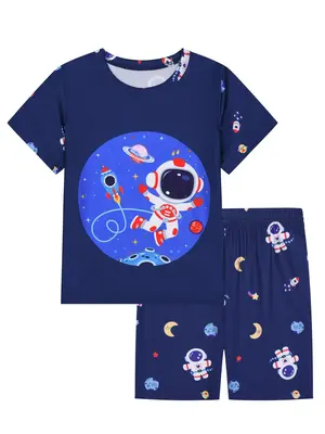 Boy's Cartoon Astronaut Print Crew Neck Tee & Elastic Waist Shorts Pajama Two-piece Set, Casual Comfy Round Neck Short Sleeve...