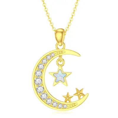 14K Gold Cubic Zirconia Opal Moon Star Necklace for Women