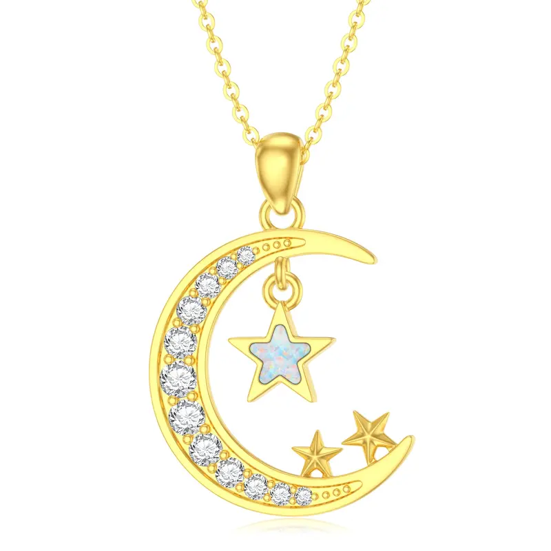 14K Gold Cubic Zirconia Opal Moon Star Necklace for Women