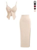 Two-Piece Set Women's Solid Twist Front Crop Top & Skirt, Casual Fashion Cozy for Daily Outdoor Wear, Ladies Clothes for Summ...